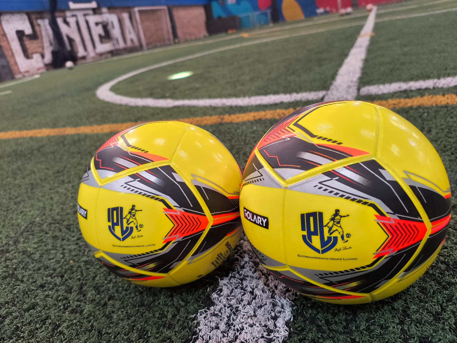 Balones oficiales con el logo de Entrenamiento Profe Lucho en cancha